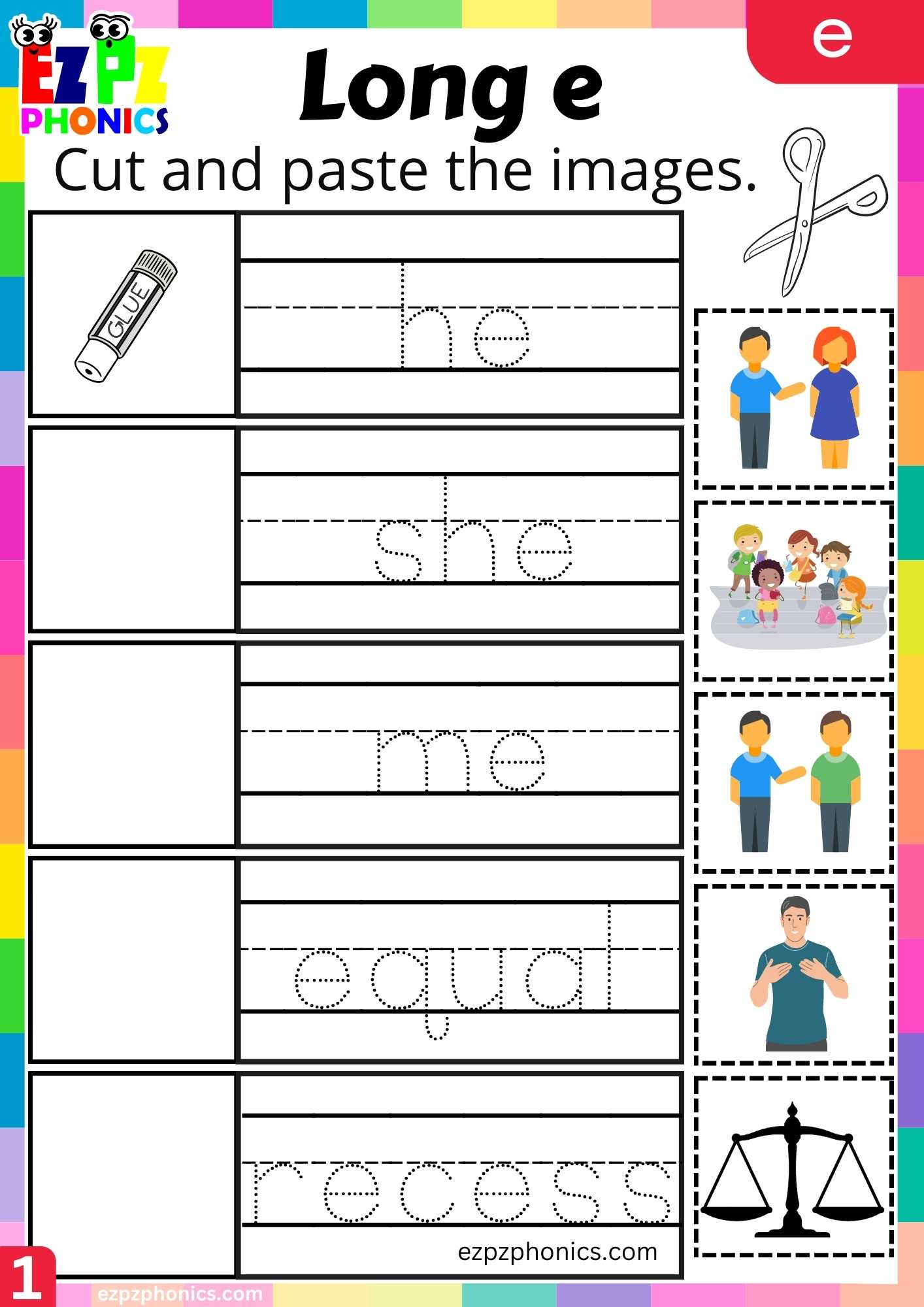 E Words Cut And Paste The Images Long E Phonics Worksheet